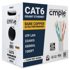 Cat 6 Riser Ethernet Cable | UL, CMR, 23AWG | Bare Copper 1000ft (Option: White)