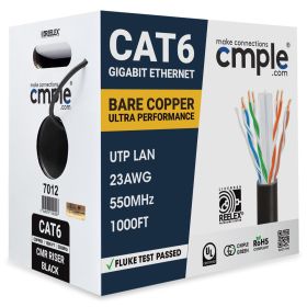 Cat 6 Riser Ethernet Cable | UL, CMR, 23AWG | Bare Copper 1000ft (Option: Black)
